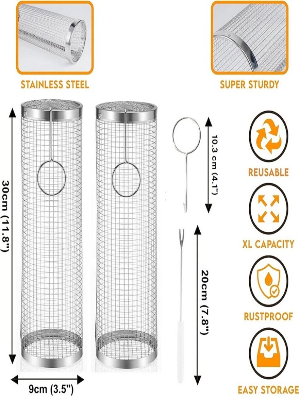 2-Pack Rolling BBQ Grill Baskets | Stainless Steel